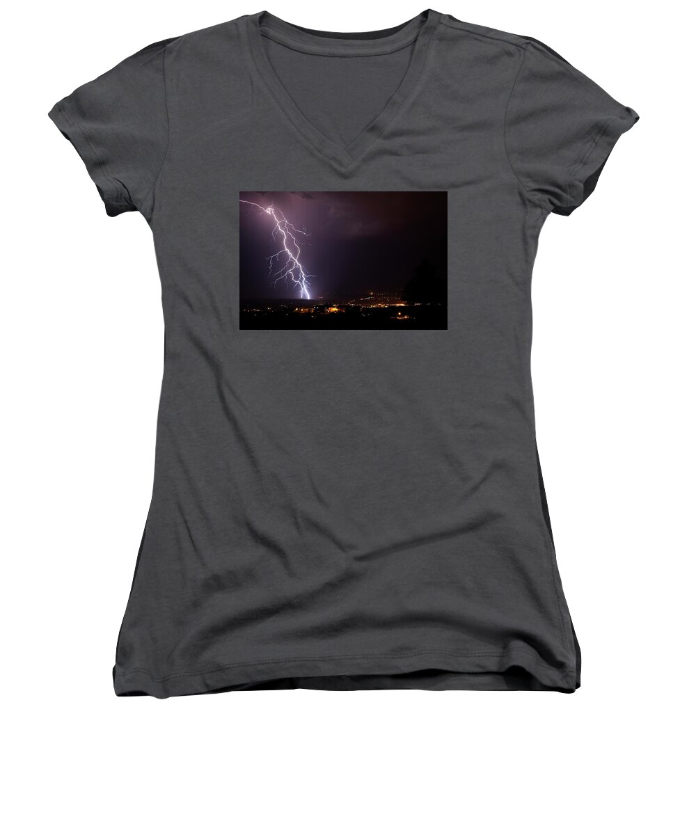 Lightning Women's V-Neck featuring the photograph Monsoon Storm by Ron Chilston