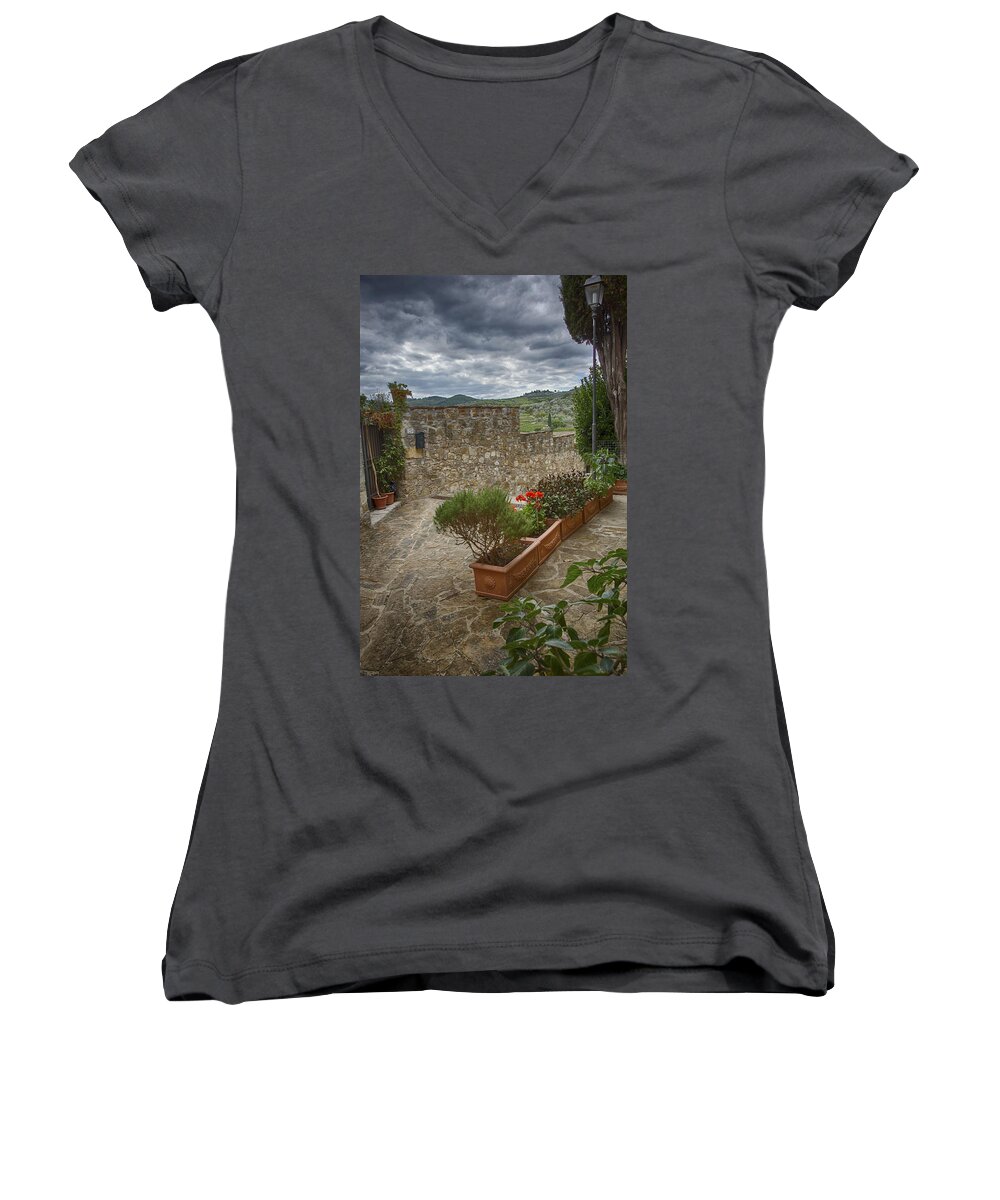 Hill Town Women's V-Neck featuring the photograph Montefioralle Tuscany 4 by Kathy Adams Clark
