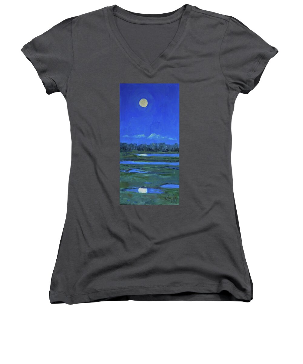 Moon Light Reflection Women's V-Neck featuring the painting Moon Light and Mud Puddles by Billie Colson