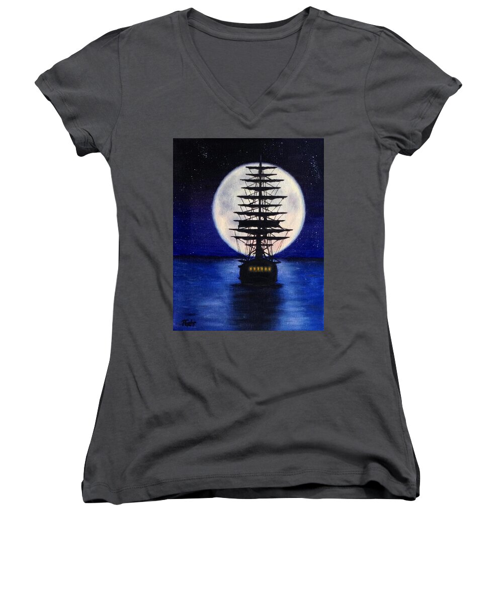 Ship Canvas Prints Women's V-Neck featuring the painting Moon Voyage by Dr Pat Gehr