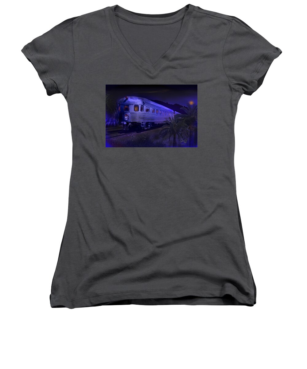 Trains Women's V-Neck featuring the digital art Moonlight on the Sante Fe Chief by J Griff Griffin