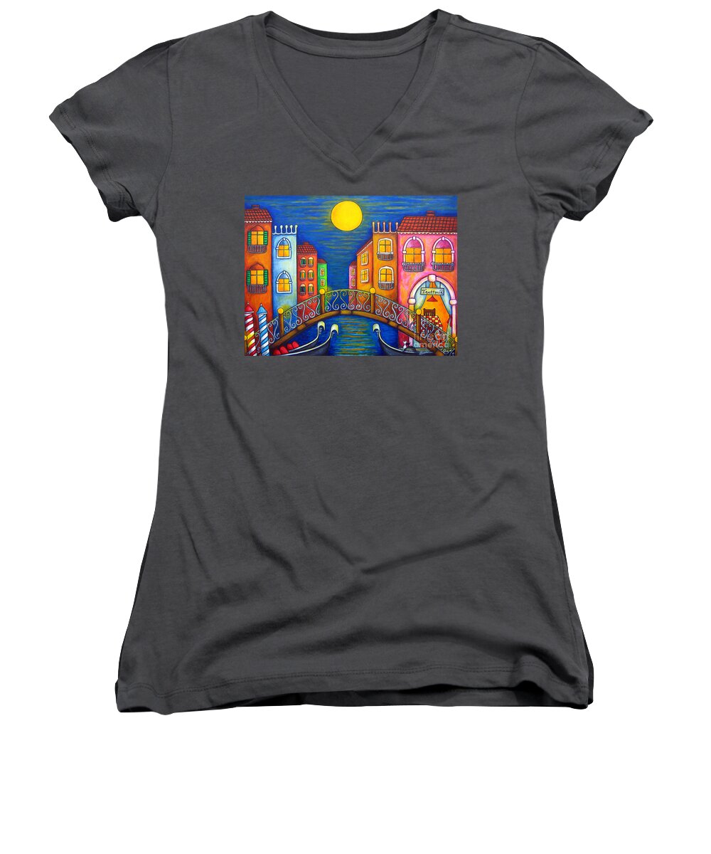 Venice Women's V-Neck featuring the painting Moonlit Venice by Lisa Lorenz