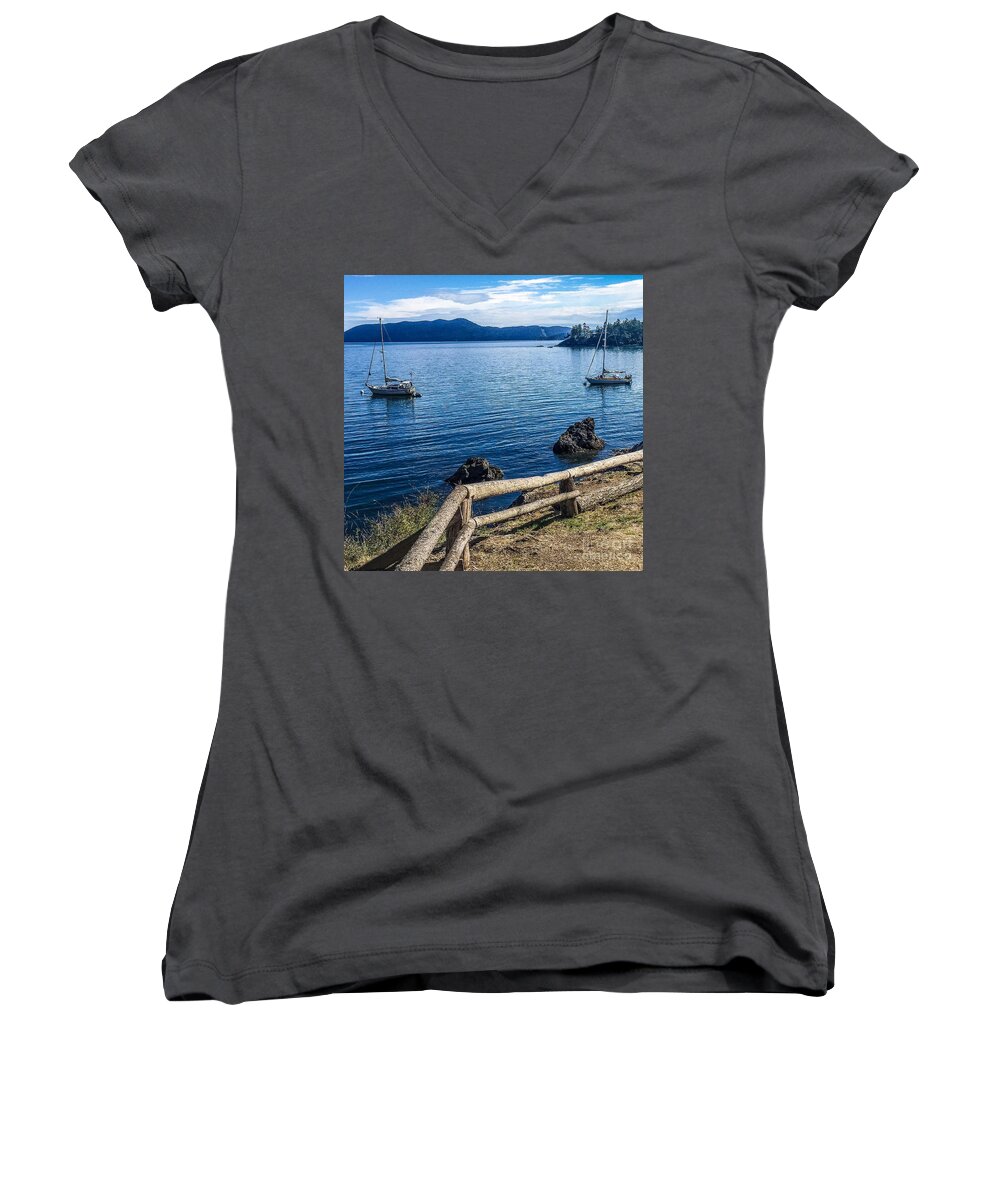 Doe Bay Women's V-Neck featuring the photograph Mooring in Doe Bay by William Wyckoff