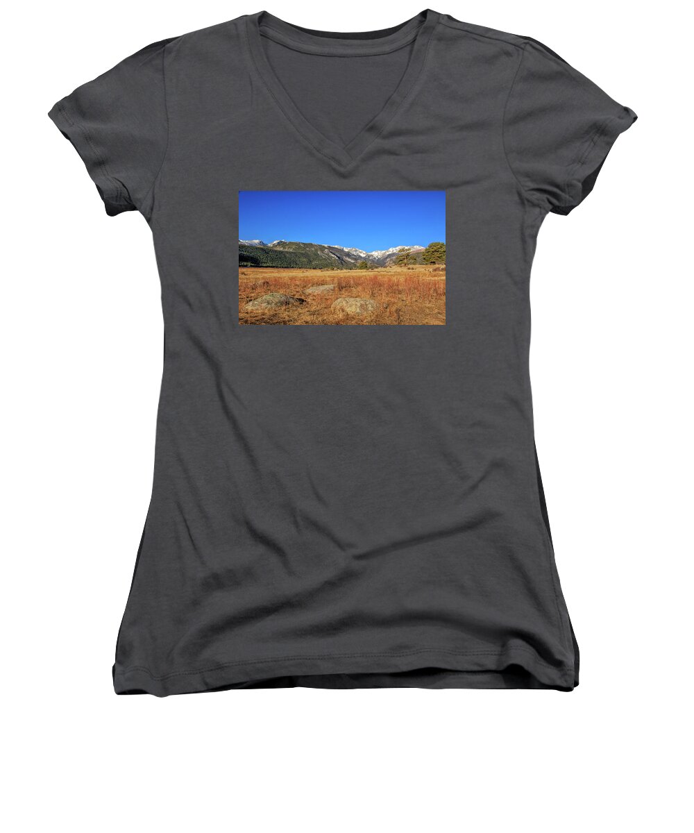  Women's V-Neck featuring the photograph Moraine Park in Rocky Mountain National Park by Peter Ciro