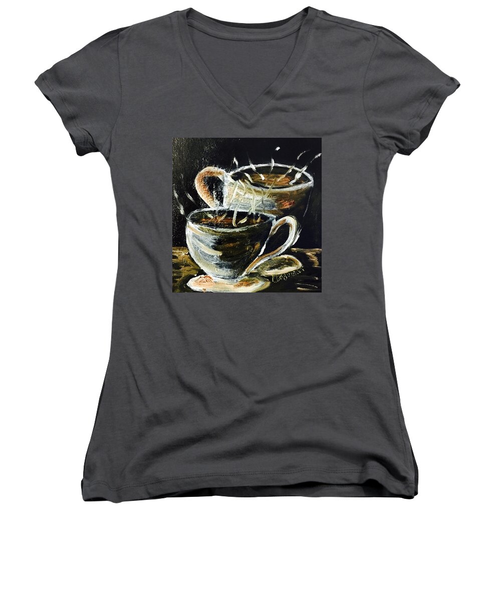 Cups Women's V-Neck featuring the painting Morning coffee by Chuck Gebhardt