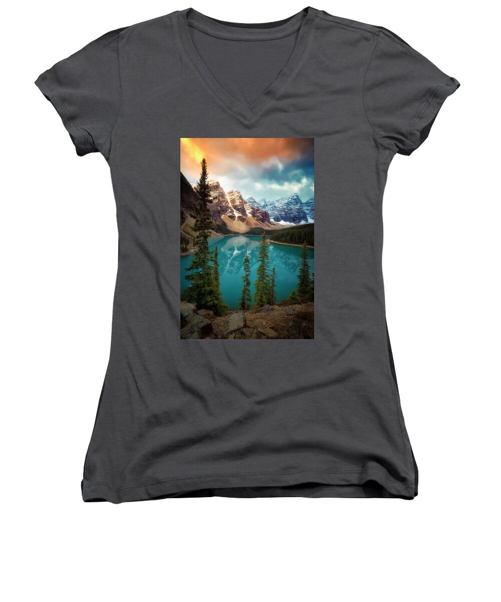 Sunrise Women's V-Neck featuring the photograph Morning Eruption by Nicki Frates