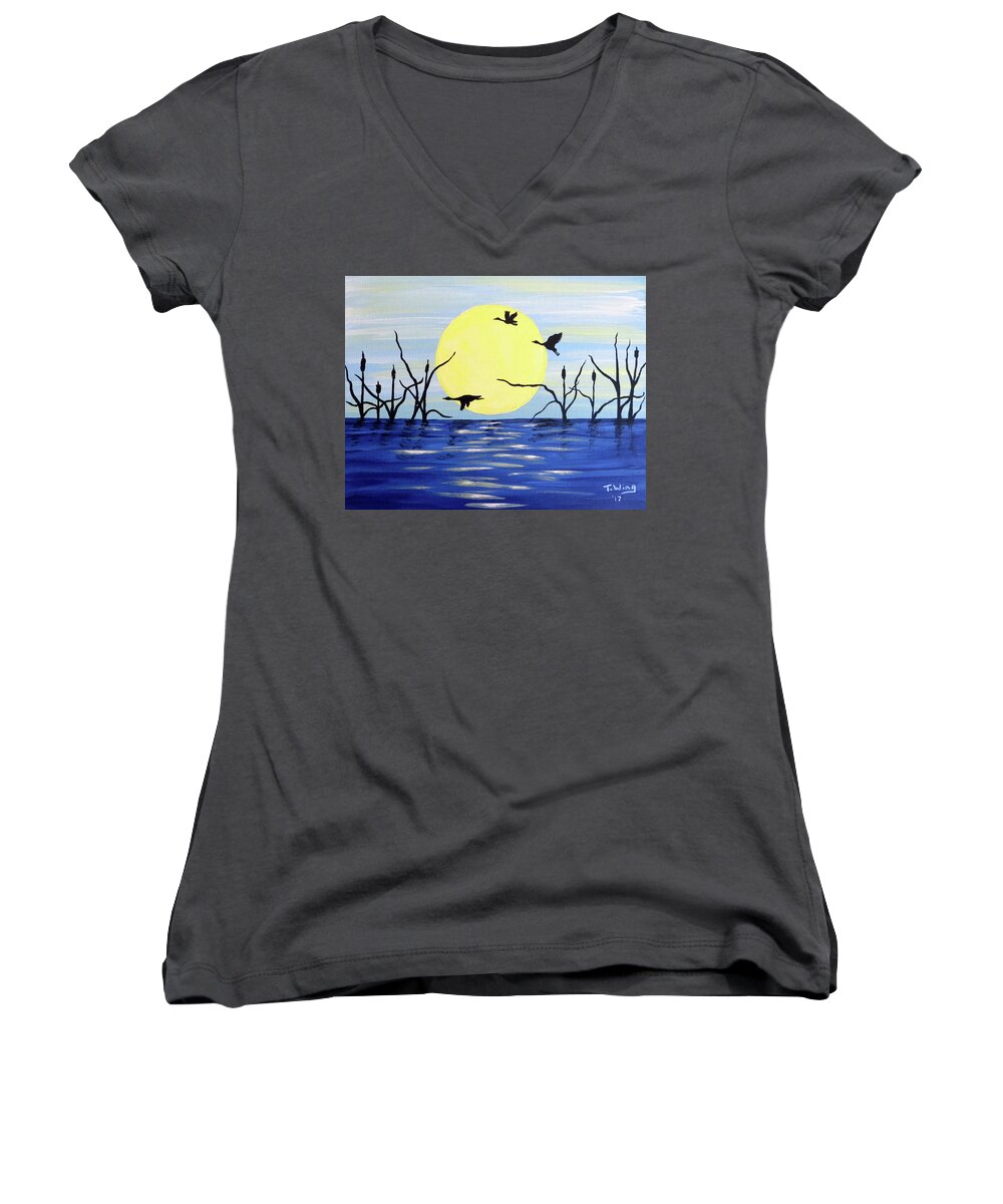 Sunrise Women's V-Neck featuring the painting Morning Geese by Teresa Wing