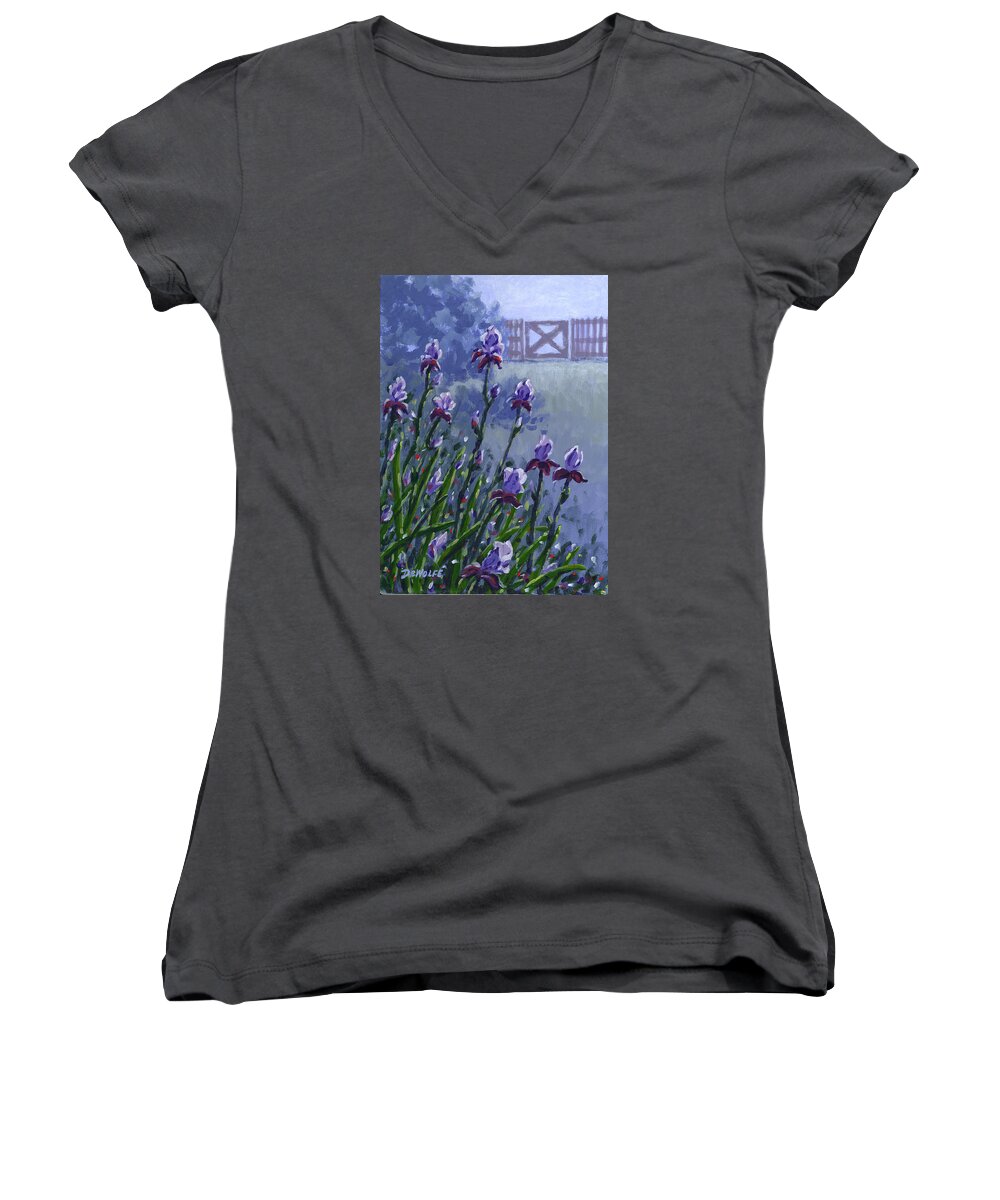 Blue Women's V-Neck featuring the painting Morning Iris by Richard De Wolfe