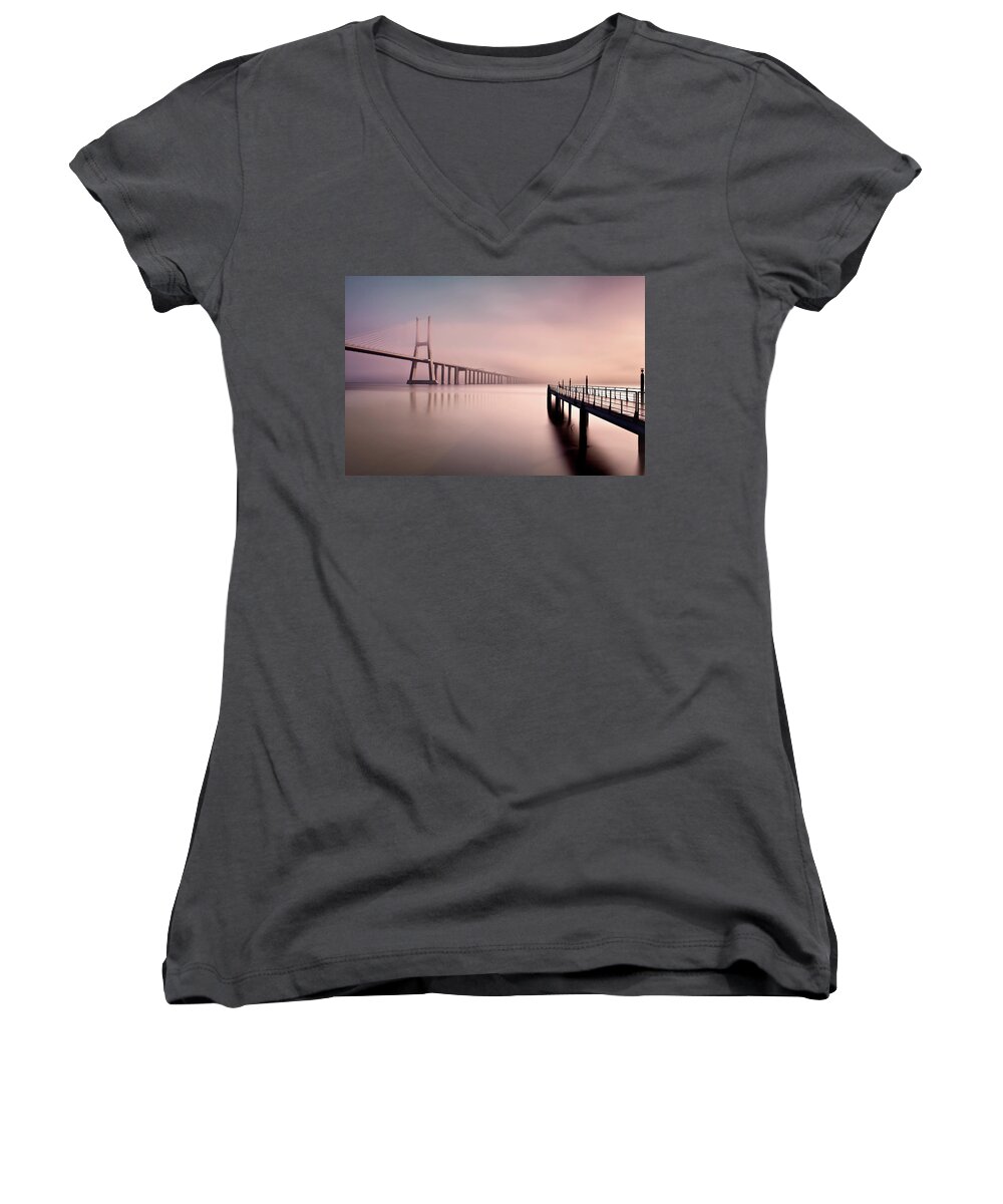 Lisbon Women's V-Neck featuring the photograph Morning low fog by Jorge Maia