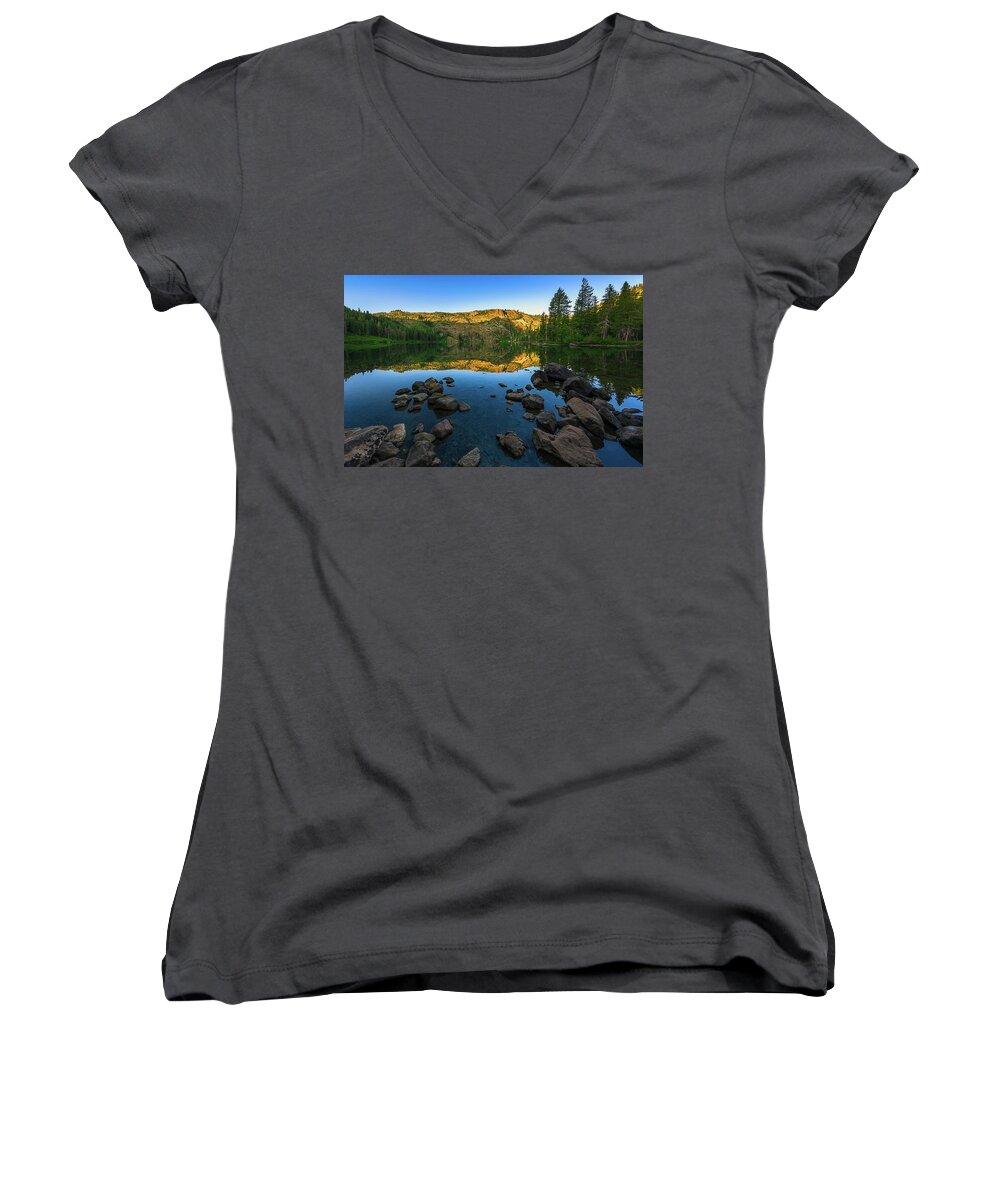 Af-s Nikkor 14-24mm F2.8g Ed Women's V-Neck featuring the photograph Morning Reflection on Castle Lake by John Hight