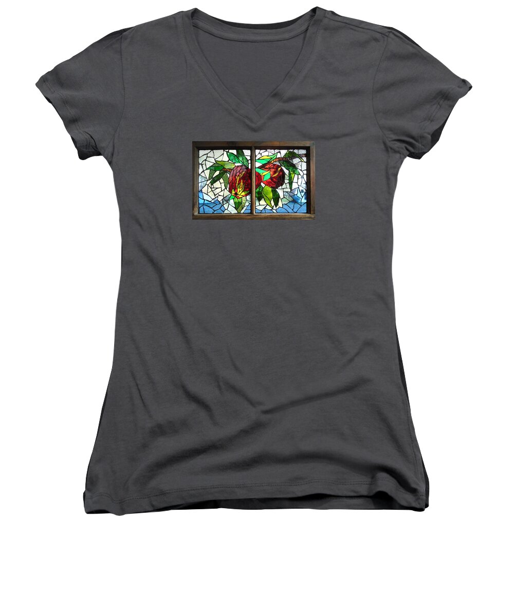 Mosaic Women's V-Neck featuring the glass art Mosaic Stained Glass - Apple Orchard by Catherine Van Der Woerd