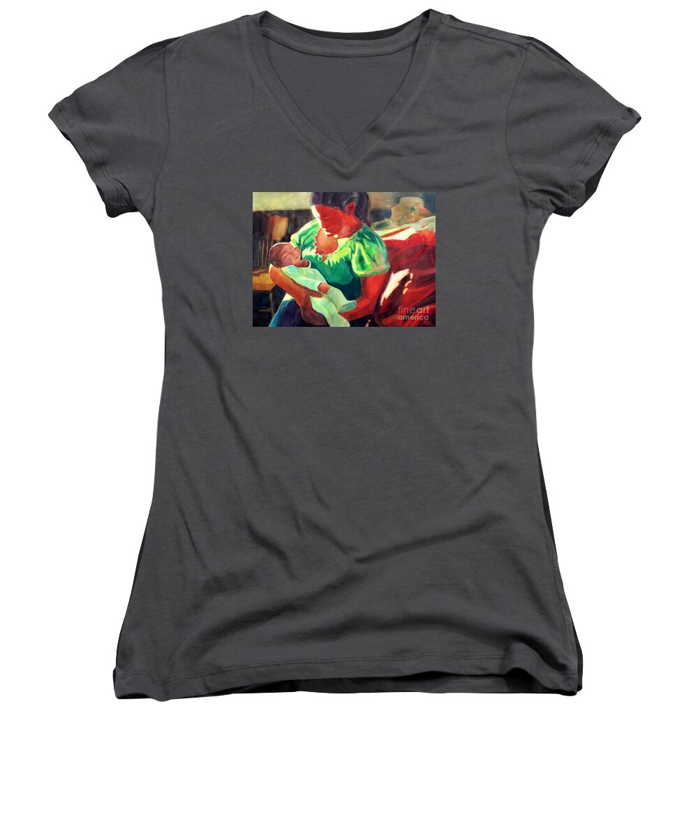 Paintings Women's V-Neck featuring the painting Mother and Child in Red2 by Kathy Braud