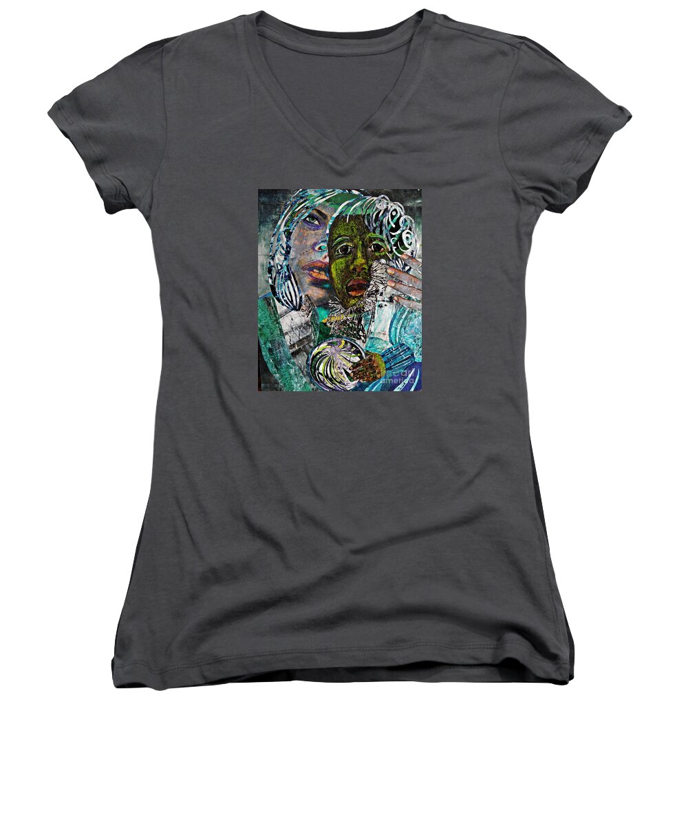 Mother And Child Women's V-Neck featuring the mixed media Mother and Child by Sarah Loft