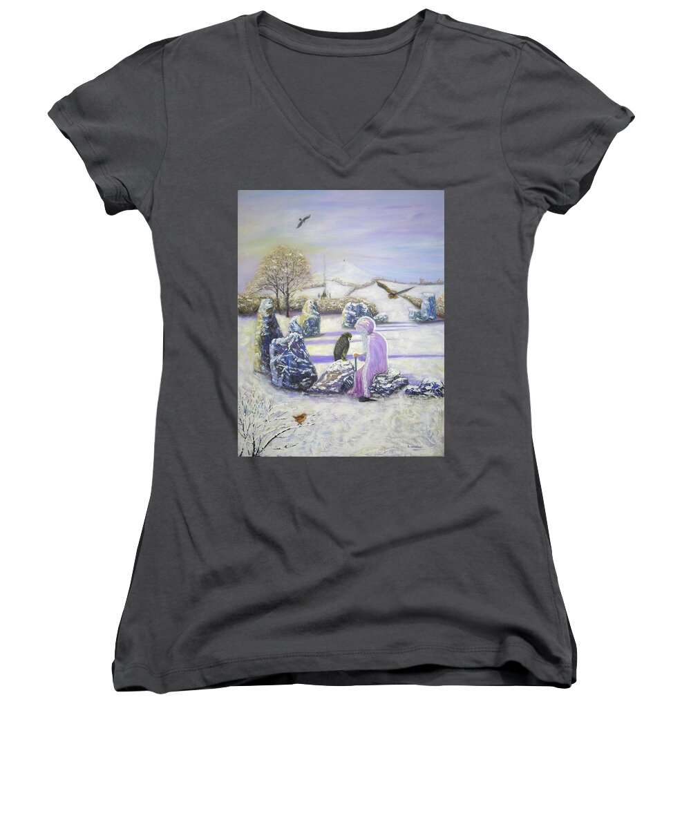 Fine Art Women's V-Neck featuring the painting Mother of Air Goddess Danu - Winter Solstice by Shirley Wellstead