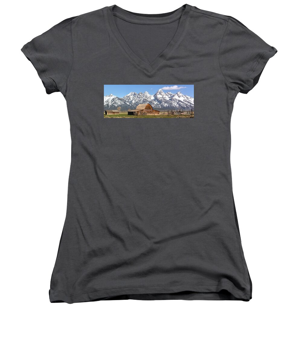 Mormon Row Panorama Women's V-Neck featuring the photograph Moulton Barn Homestead Spring Panorama by Adam Jewell