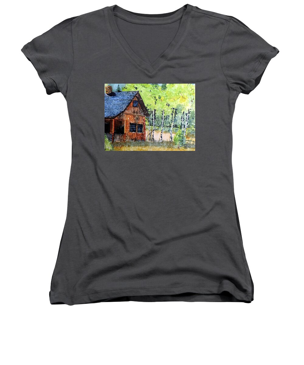 Watercolor Women's V-Neck featuring the painting Mountain Home by Tom Riggs