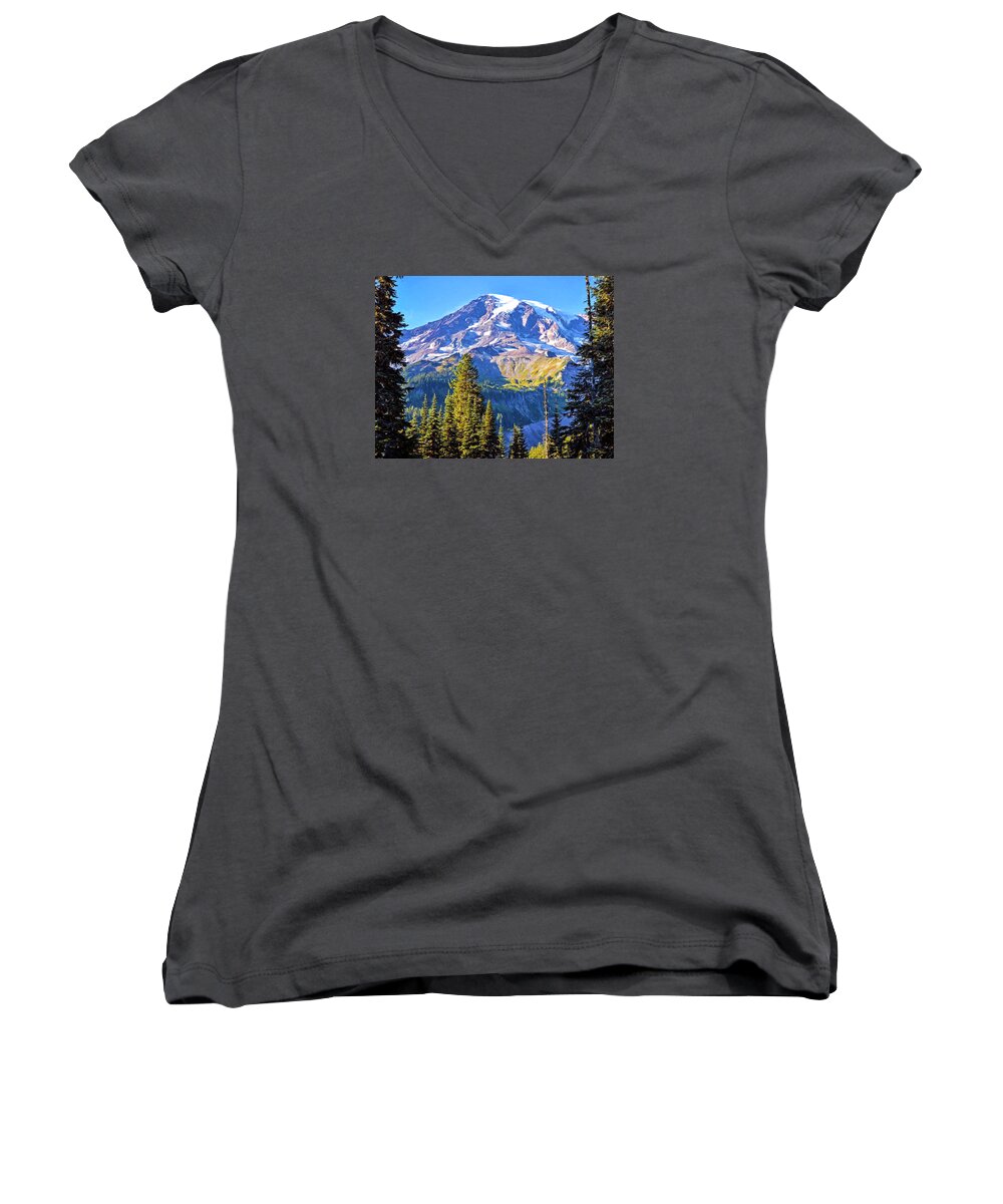 Mount Rainier Women's V-Neck featuring the photograph Mountain Meets Sky by Anthony Baatz
