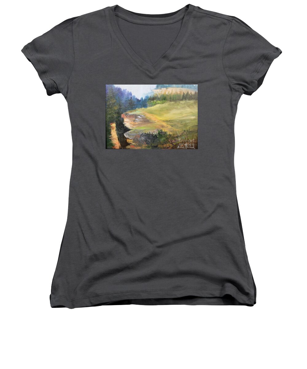Mountain Women's V-Neck featuring the painting Mountain View by Barbara Haviland