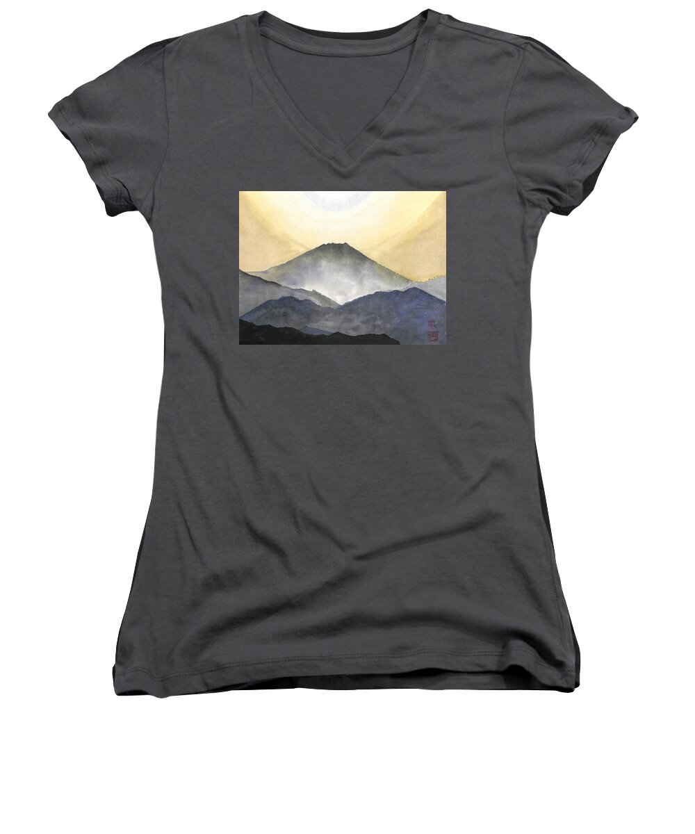 Japanese Women's V-Neck featuring the painting Mt. Fuji at Sunrise by Terri Harris