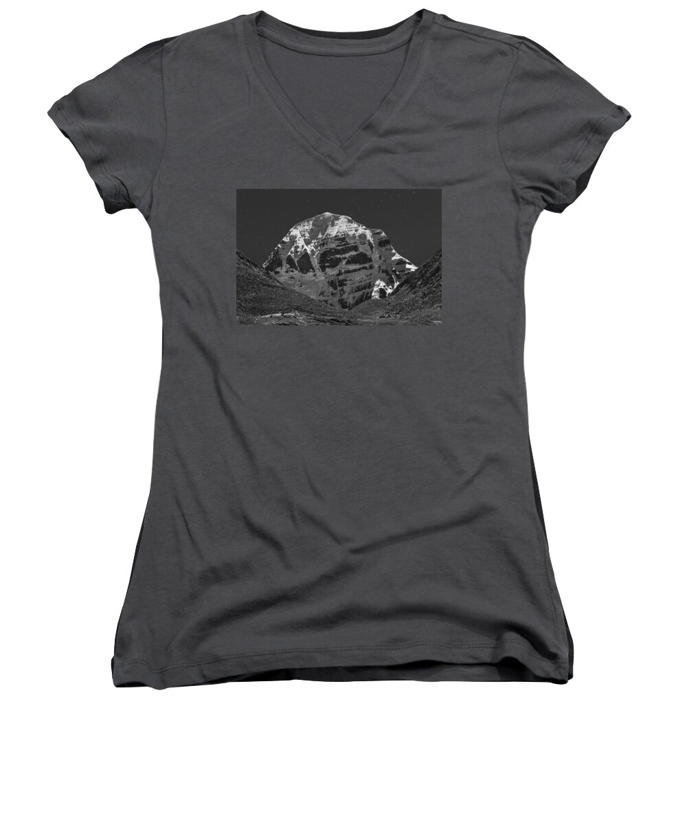 Mount Women's V-Neck featuring the photograph Mt. Kailash in Moonlight, Dirapuk, 2011 by Hitendra SINKAR