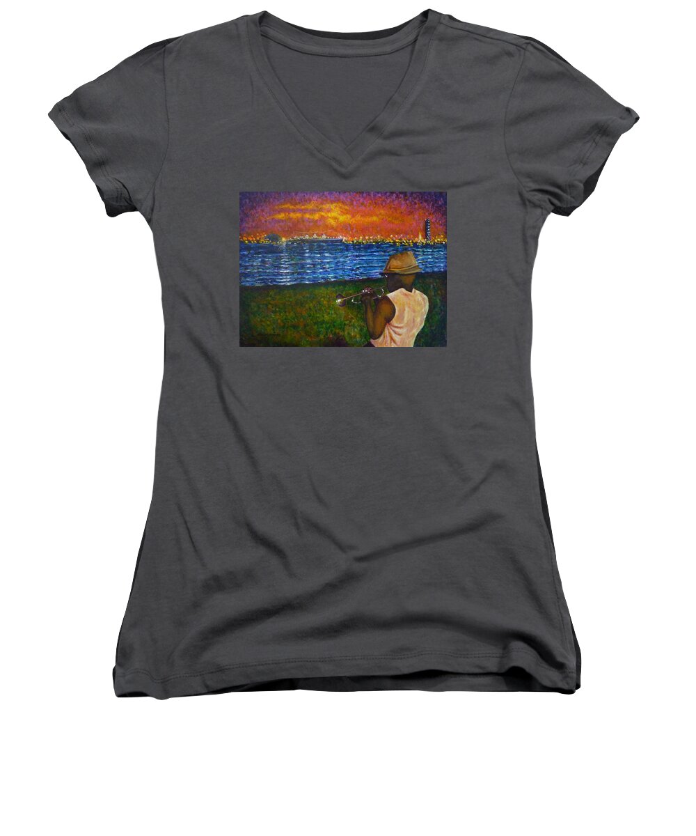 Music Man In The Lbc Women's V-Neck featuring the painting Music Man in the LBC by Amelie Simmons