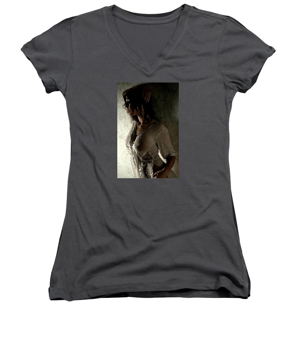 Nude Framed Prints Women's V-Neck featuring the painting My Desire. by Shlomo Zangilevitch