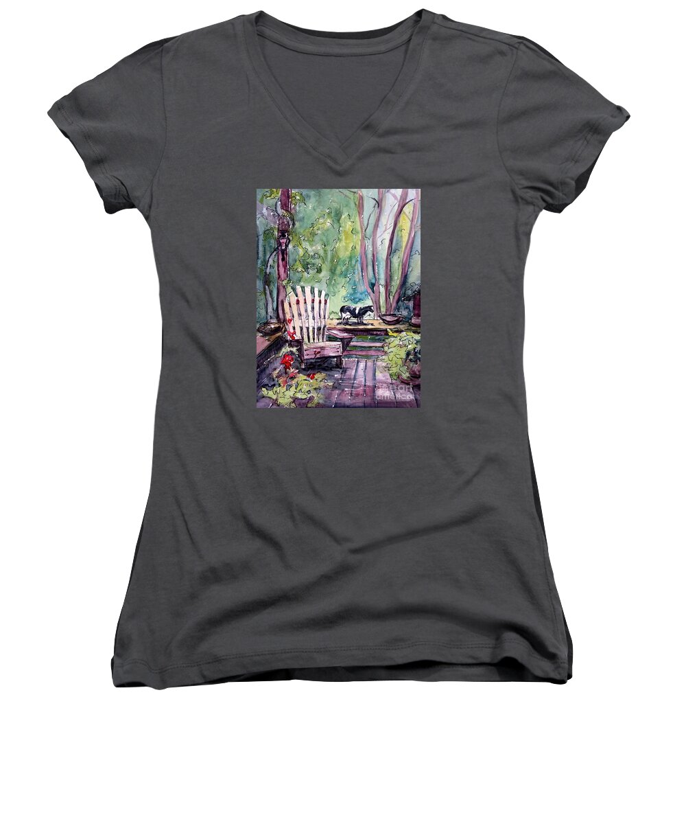 Deck Women's V-Neck featuring the painting My Front Porch by Gretchen Allen