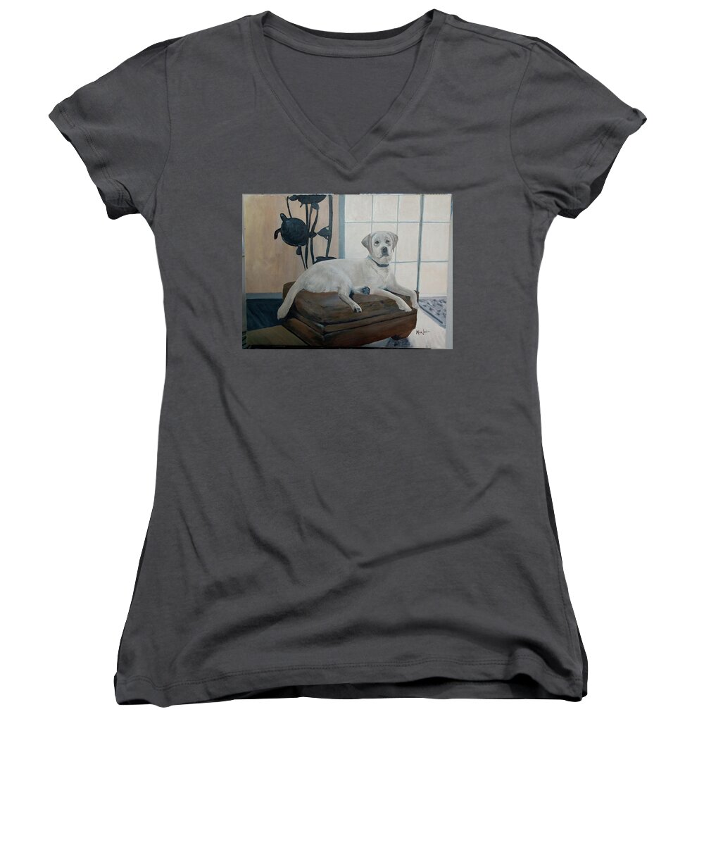 White Lab Women's V-Neck featuring the painting My Neighbor Hutch by Mike Jenkins