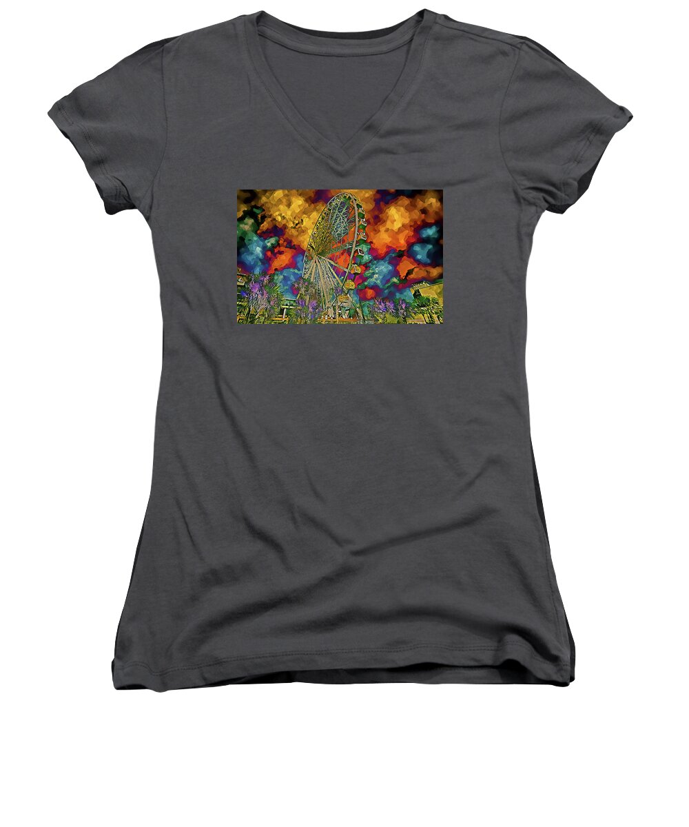 Myrtle Beach Women's V-Neck featuring the photograph Myrtle Beach Skywheel Abstract by Bill Barber