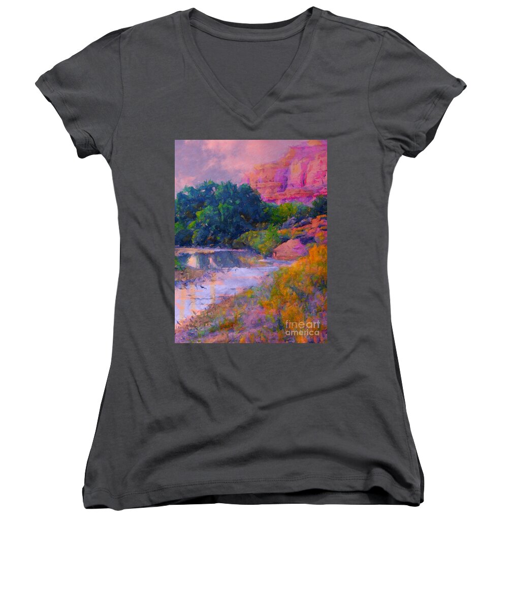 Mystic Pink Hues In Evening Cast A Mellow Mood On Delores River Gateway Colorado Hwy 141 Women's V-Neck featuring the digital art Mystic pinks in Canyon by Annie Gibbons
