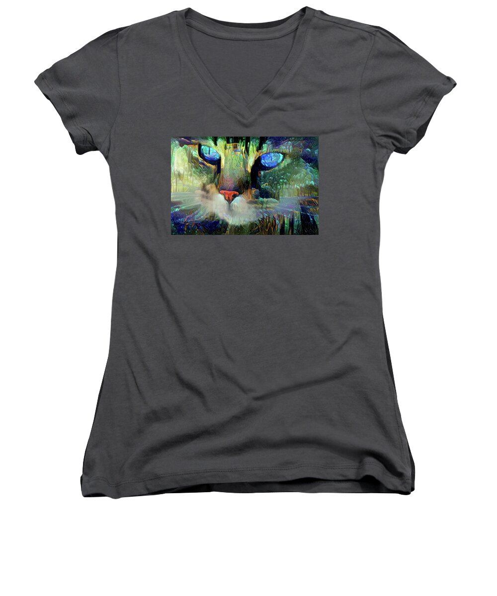 Cats Women's V-Neck featuring the digital art Mystical Cat Art by Peggy Collins