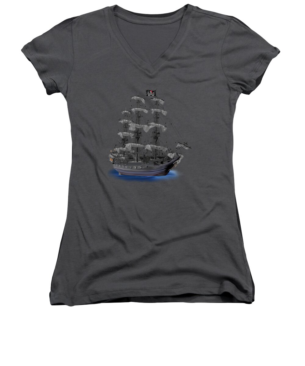Pirate Ship Women's V-Neck featuring the digital art Mystical Moonlit Pirate Ship by Glenn Holbrook