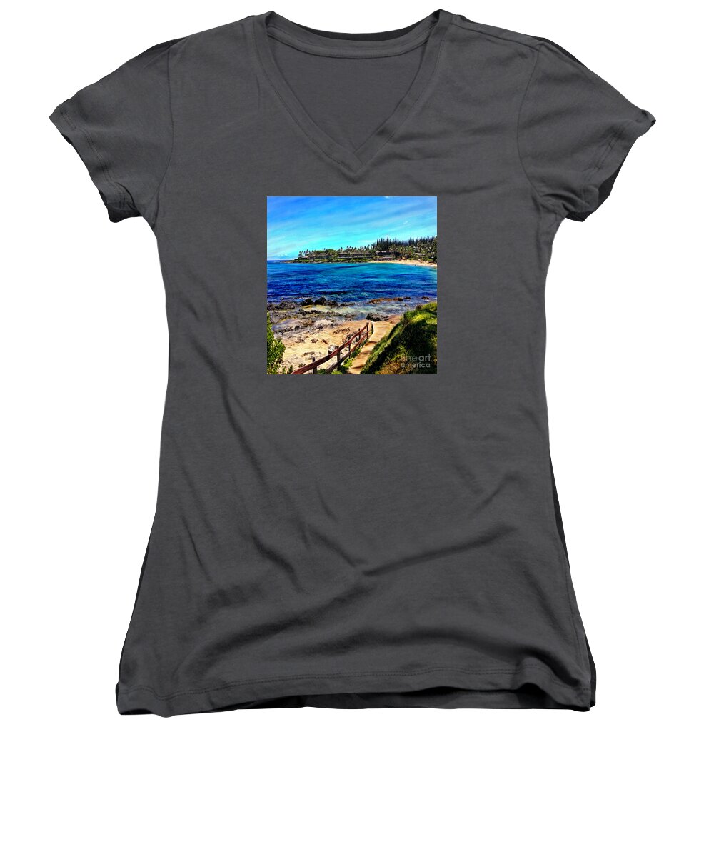  Women's V-Neck featuring the mixed media Napili Beach Gazebo Walkway Shower Curtain Size by Glenn McNary