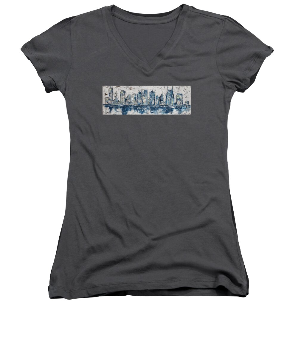 Nashville Women's V-Neck featuring the painting Nashville in Blues by Kirsten Koza Reed