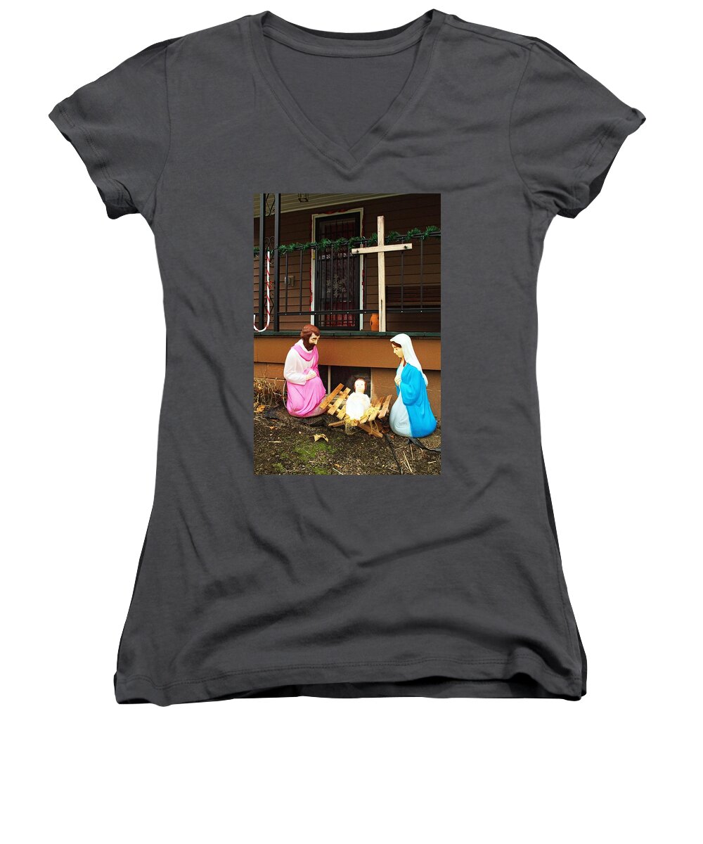 Nativity Women's V-Neck featuring the photograph Nativity scene 2 by Karl Rose