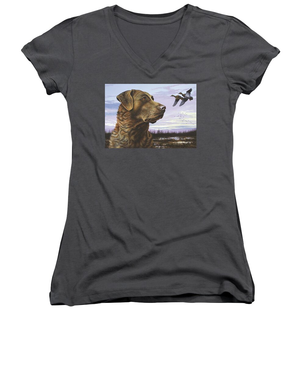 Chessie Women's V-Neck featuring the painting Natural Instinct - Chessie by Anthony J Padgett