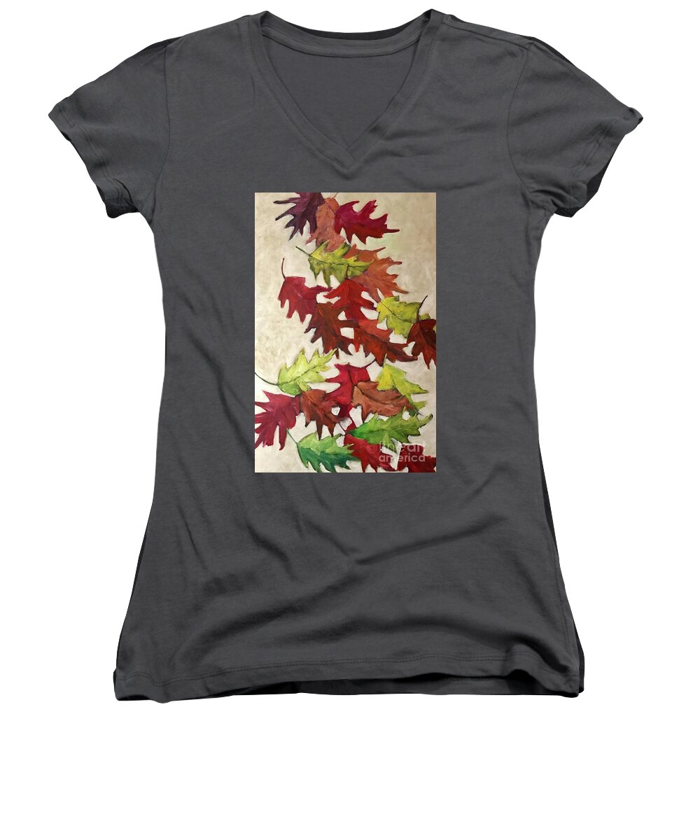 Leaves Women's V-Neck featuring the painting Natures Gifts by Sherry Harradence