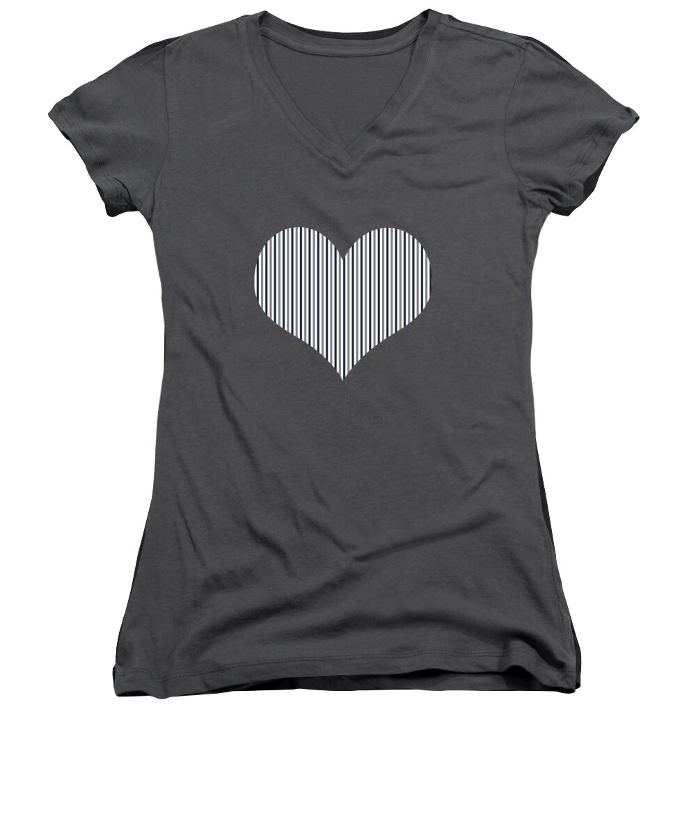 Navy White And Grey Stripes Women's V-Neck featuring the digital art Navy White and Grey Vertical Stripes by Leah McPhail