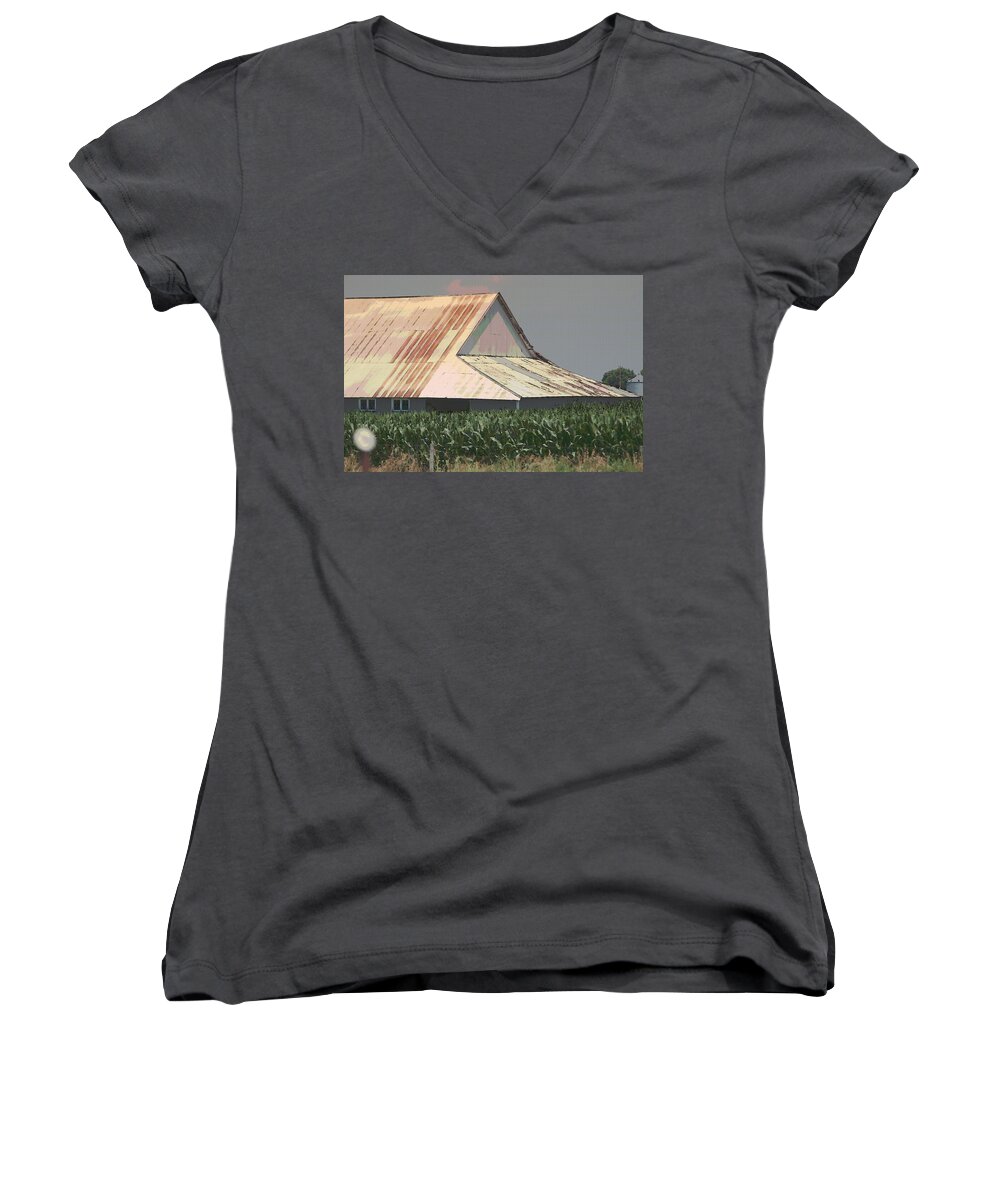 Nebraska Women's V-Neck featuring the photograph Nebraska Farm Life - The Tin Roof by Colleen Cornelius