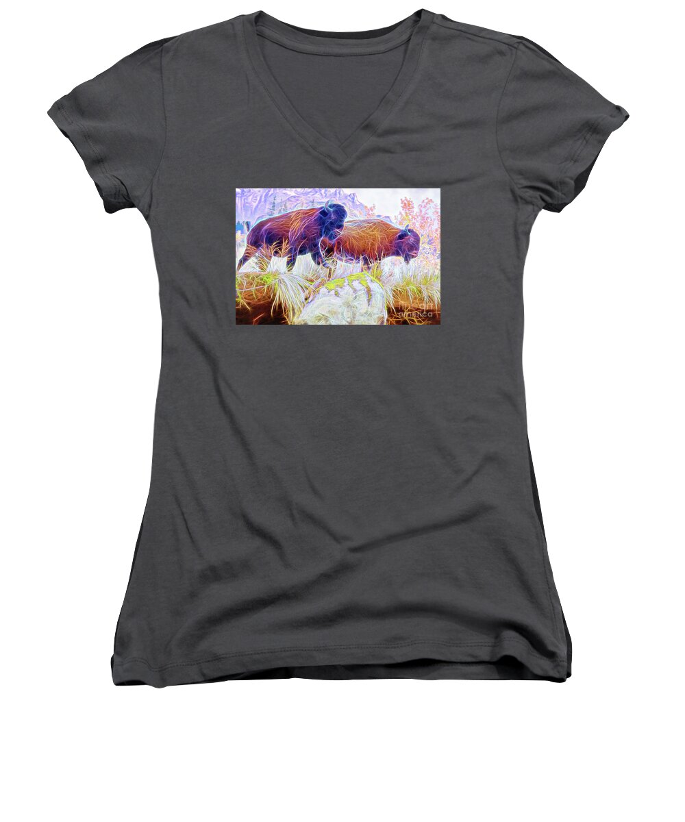 Animal Women's V-Neck featuring the digital art Neon Bison Pair by Ray Shiu