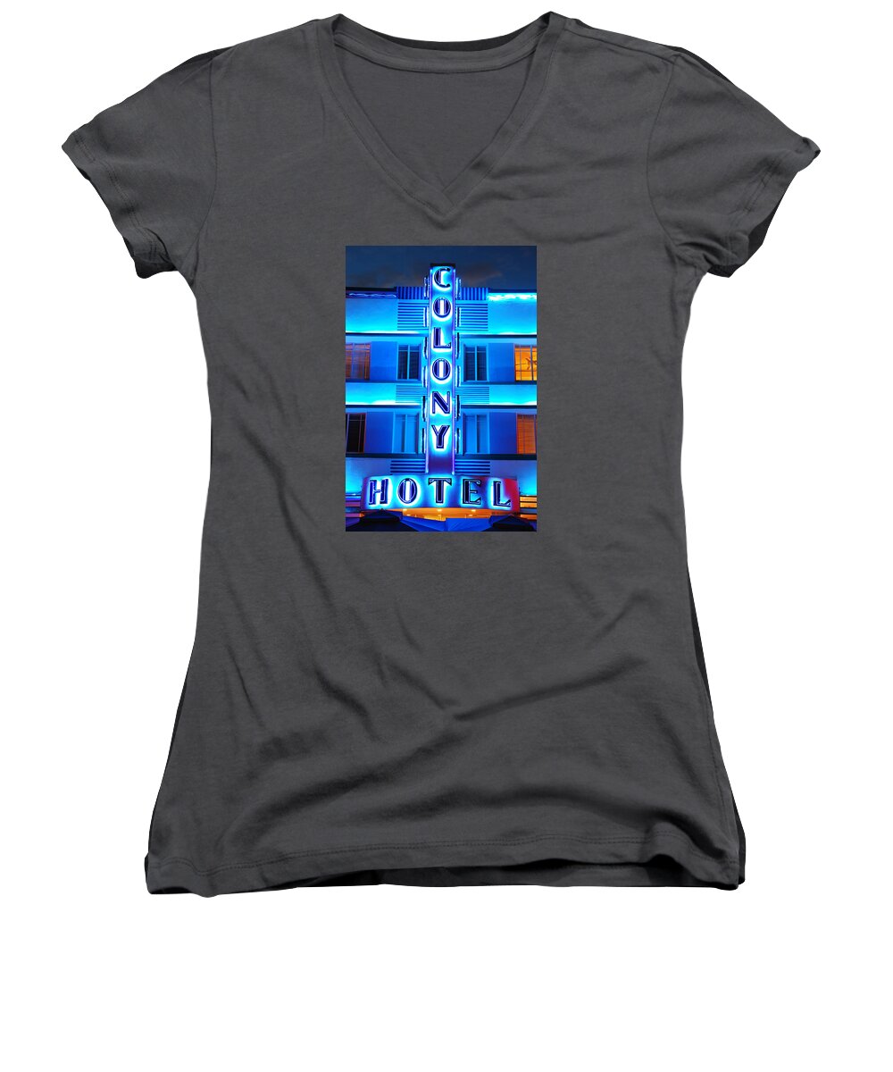 Miami Women's V-Neck featuring the photograph Neon Lights of the Colony Hotel, Miami Beach by James Kirkikis