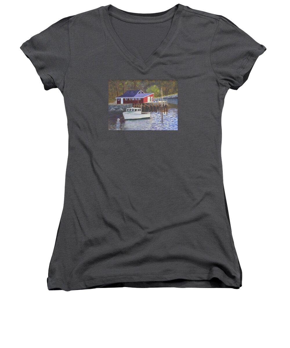 New Harbor Lobster Boat Water Reflexions Ocean Building Mooring Dock Women's V-Neck featuring the painting New Harbor Sunrise by Scott W White