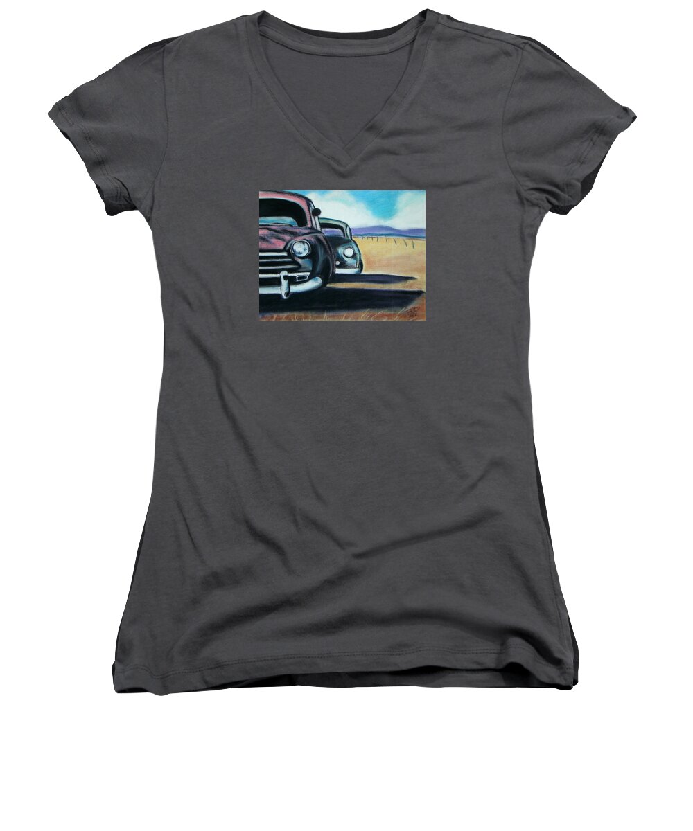 Cars Women's V-Neck featuring the pastel New Mexico Junkyard by Michael Foltz
