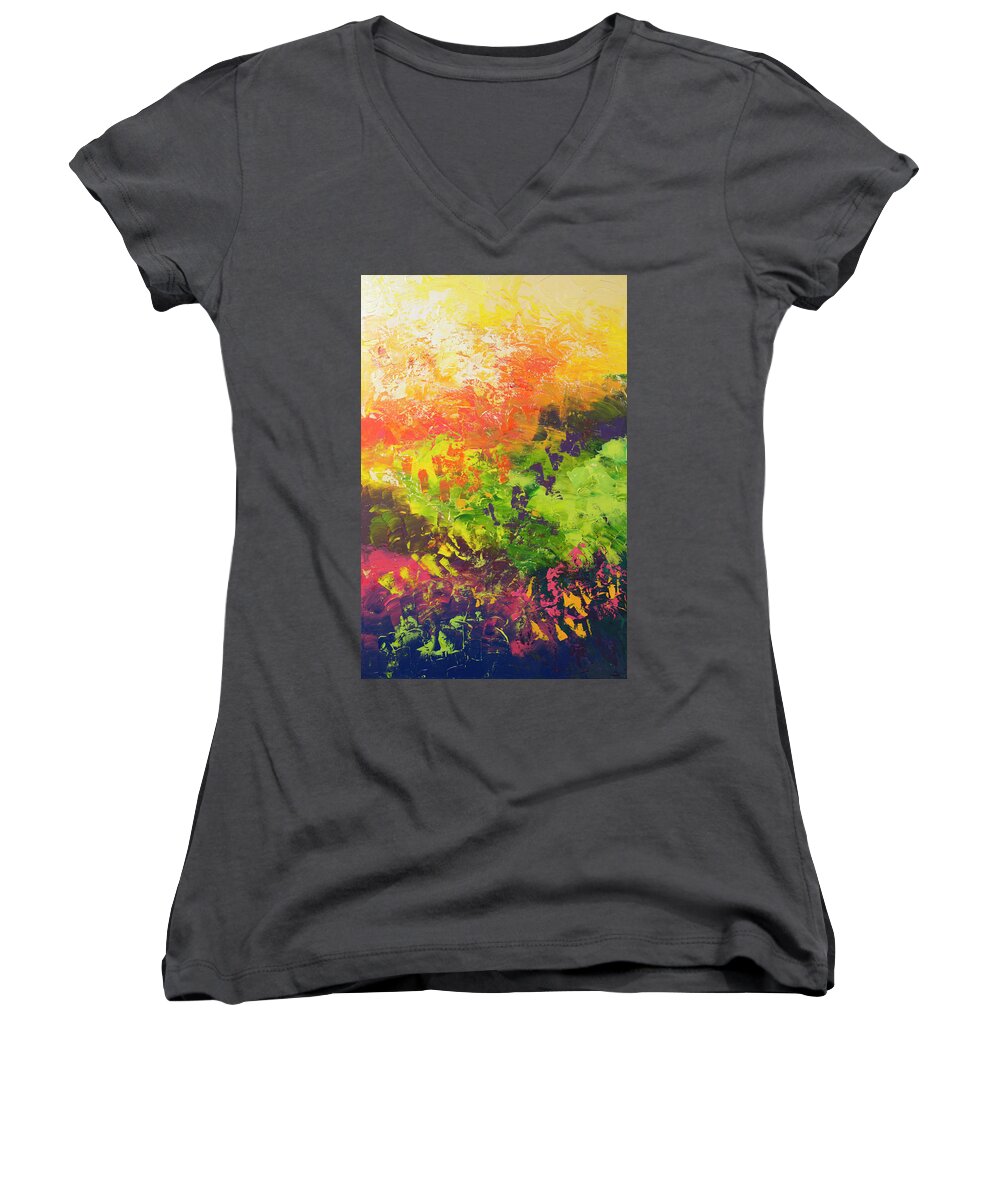 Abstract Women's V-Neck featuring the mixed media Irises by Linda Bailey