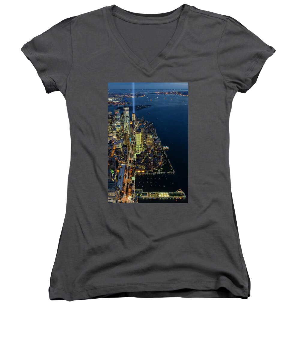 New York City Skyline Women's V-Neck featuring the photograph New York City Remembers 911 by Susan Candelario