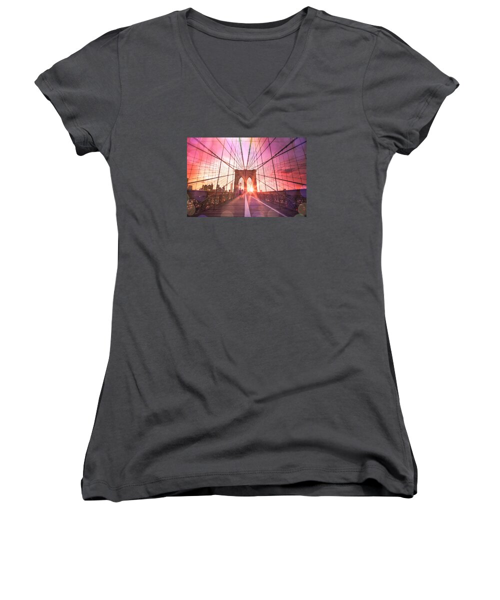 Nyc Women's V-Neck featuring the photograph New York City - Sunset on the Brooklyn Bridge by Vivienne Gucwa