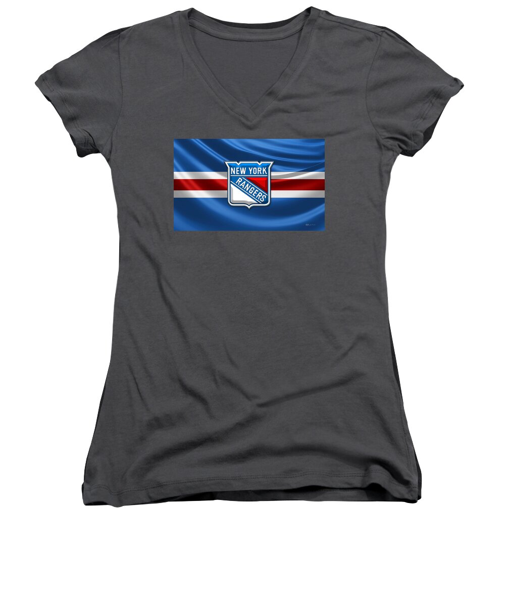 hockey Hall Of Fame 3d By Serge Averbukh Women's V-Neck featuring the photograph New York Rangers - 3D Badge Over Flag by Serge Averbukh