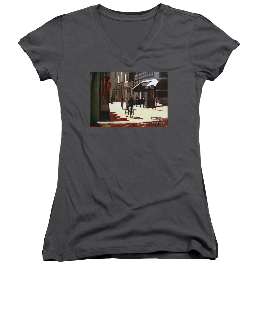 Oil Painting Women's V-Neck featuring the painting Nice rue by Tate Hamilton