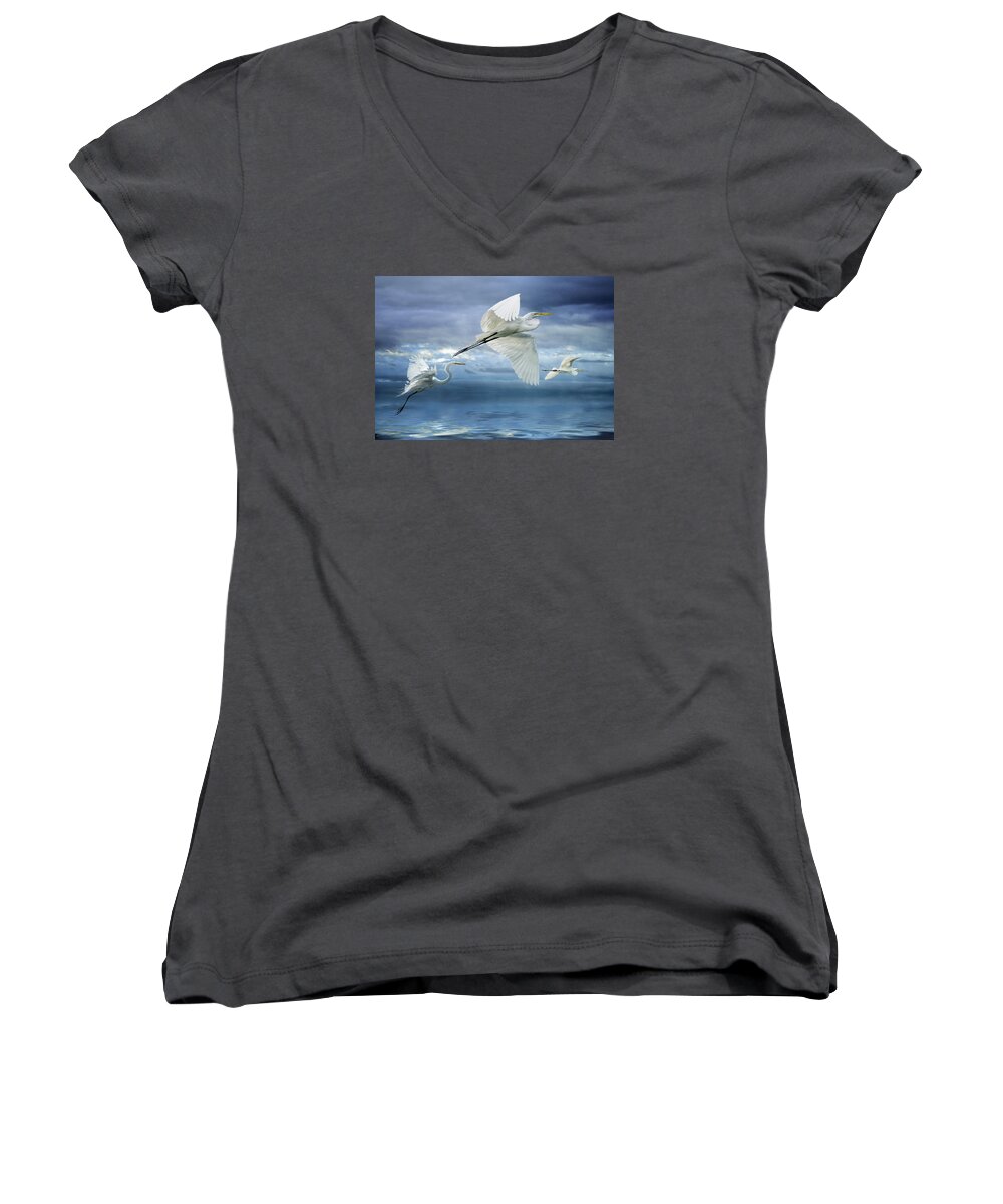 Egrets Women's V-Neck featuring the photograph Night Flight by Brian Tarr