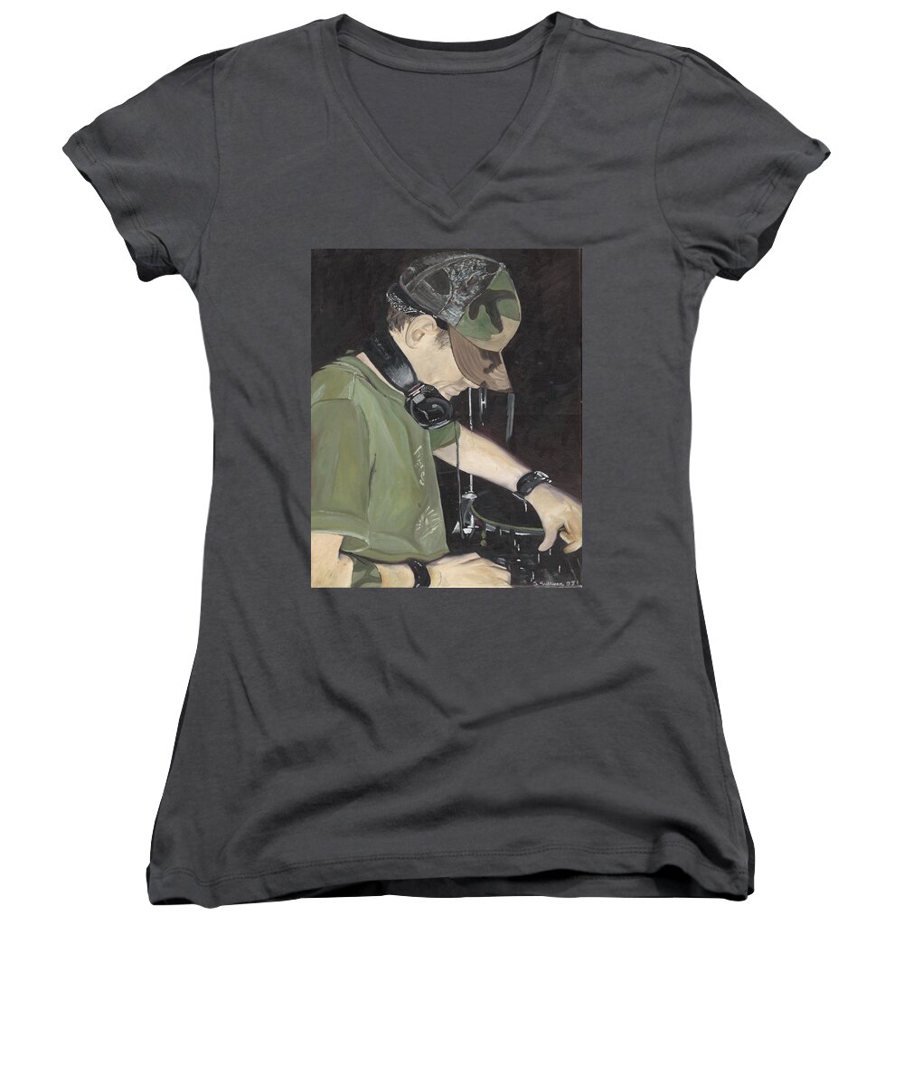 Dj Women's V-Neck featuring the painting Night Job by Stephanie Broker